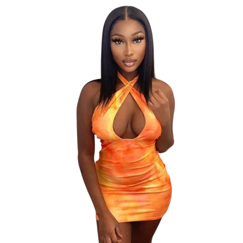 Robe courte sexy pour femme, couleur orange dégradé