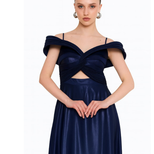 Design sans titre (1) Robe de Soirée Longue Élégante – Bleu Marine Satiné