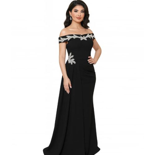 Design sans titre (1) Robe de Soirée Longue Noir Col Bardot Brodée Gris