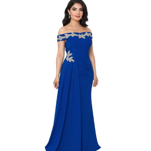 Robe de Soirée Longue Bleue Col Bardot Brodée Or